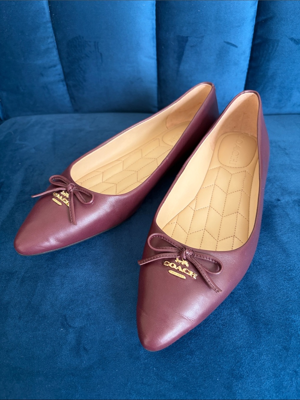 COACH Burgundy Pointed-Toe Leather Ballet Flats with Bow